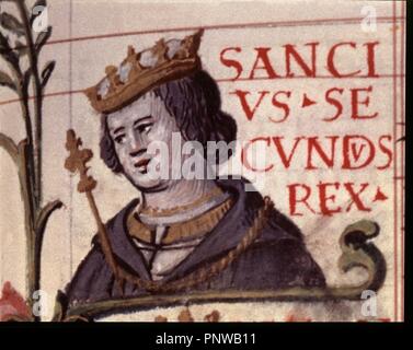 GENEALOGIA DE LOS REYES DE ESPAÑA - SANCHO II EL CAPELO REY DE PORTUGAL DESDE 1233 A 1248 - CODICE COPIADO EN EL SIGLO XVI POR DIONISIO. Thema: CARTAGENA ALONSO DE. Lage: Biblioteca Nacional - coleccion. MADRID. Spanien. Stockfoto