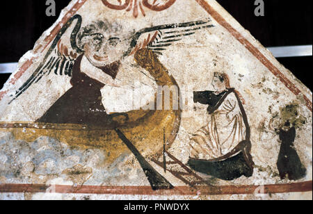 Griechische Kunst. Magna Graecia. 4. Jahrhundert v. Chr. bemalten Lukanischen Grabstein mit der Darstellung der Fährmann Charon überqueren die Seelen der Verstorbenen über die Flüsse Styx und Acheron im Boot. C 350 v. Chr. Nekropole in Andriuolo-Laghetto. Grab 47. Nationale Archäologische Museum. Paestum. Italien. Stockfoto