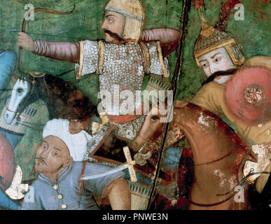 Abbas I. der Große (1571-1629). Shah von der Safavid Dynastie. Persische Kavallerie Soldaten unter der Führung von Schah Abbas ich 'Bekämpfung der Großen gegen die Türken. Fresko. Detail. 17. Jahrhundert. Sutun Chihil Palace. Isfahan. Iran. Stockfoto