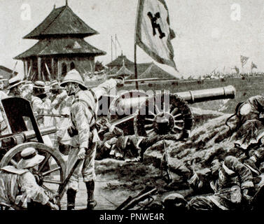 Boxer Rebellion (1899-1901). Westliche Truppen verteidigen ihre Positionen in der Nachbarschaft der Gesandtschaften in Peking, von Rebellen Boxer belagert. Stockfoto