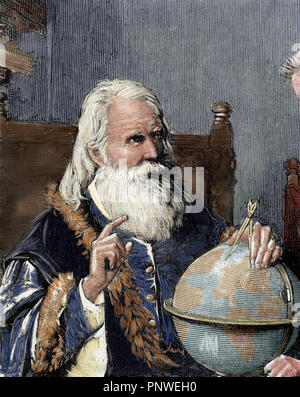 Galileo Galilei (1564-1642). Physiker, Mathematiker und Astronom. Galileo demonstriert seine astronomischen Theorien. Kupferstich von Rico in der "spanischen und amerikanischen Illustration" (1884). Gefärbt. Stockfoto