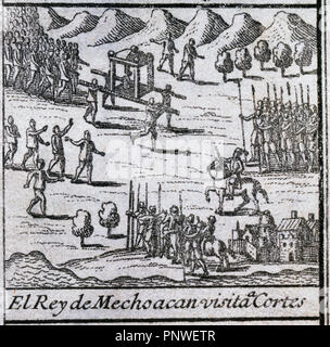 Der König von Michoacán Besuch Hernan Cortes. Dritten Buchstaben des Verhältnisses von Hernan Cortes (15 Mai 1522). Kupferstich, 18. Jahrhundert. Stockfoto