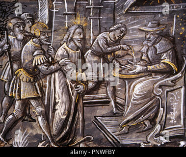 Pontius Pilatus. Der Präfekt der römischen Provinz Judäa von 26-36 AD. Miniatur. Pilatus wusch seine Hände. "Poesies widmet", aus dem 16. Jahrhundert. Schloss von Chantilly. Frankreich. Stockfoto
