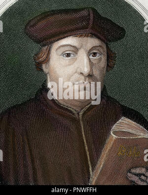 Martin Luther, (Eisleben, 1483, Eisleben, 1546). Deutscher Reformator. Doktor der Theologie und Augustiner Priester. Im Jahre 1517, die von der These der Reformation in Wittenberg. Er wurde 1520 exkommuniziert. Stich von J. Bastinos in "Die religiöse Revolution" (1880). Stockfoto