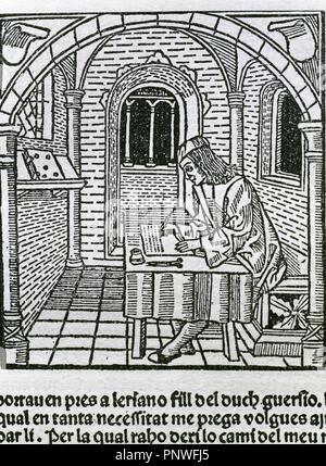 Spanische Literatur. Diego de San Pedro (Ca. 1437-ca. 1498). Die spanische Schriftstellerin. Das Gefängnis der Liebe, 1492. Gravur. Edition in Barcelona im Jahre 1493. Katalanische Übersetzung. Spanien. Stockfoto