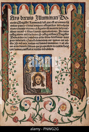 LITERATURA CATALANA SIGLOS XIII Y XIV. LLULL, Ramon (Palma de Mallorca, 1233/35 - Bujía, 1315/16). Místico y Filósofo, literato Mallorquín'ART BREVIS ILLUMINATI RAYMUNDI DOCTORIS MAGISTRI LULL'. PORTADA. Impreso en acabada Lugduni, y en el año 1308. La tatsächliche" Kunst Breu' fue Impresa en Barceloan en el año 1555. Biblioteca Bartomeu März. Palma de Mallorca. Stockfoto
