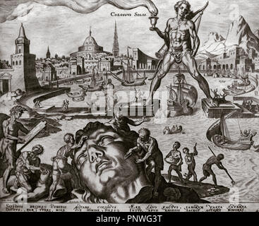 Sieben Weltwunder der Antike. Der Koloss von Rhodos. Kupferstich von Philipp Galle (1537-1612) nach Martin van Heemskerck (1498-1574). 16. Jahrhundert. Das Nelson-Atkins Museum of Art. Kansas City. USA. Stockfoto