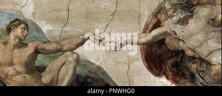 "Die Erschaffung des Adam" (Detail), 1508-1512, Fresko, vor der Restaurierung. Autor: Michelangelo. Lage: MUSEOS VATICANOS - CAPILLA SIXTINA. VATICANO. Stockfoto