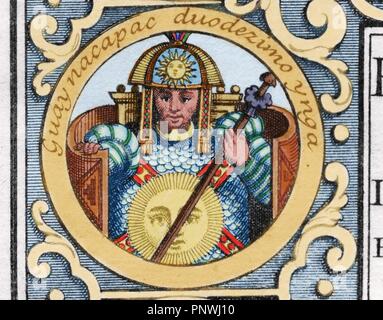 Huayna Capac (h.1465-1525). Inca Kaiser (1493-1525). Sohn von Tupac Inka Yupanqui. Kupferstich, 1726. Farbige Gravur. Stockfoto