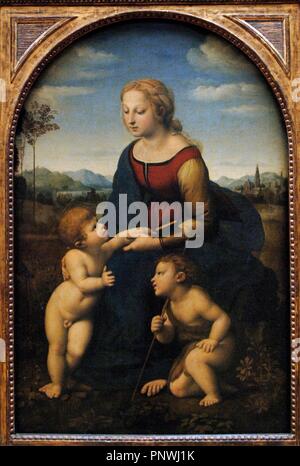 Raphael (1483-1520). Italienischer Maler. High Renaissance. La Belle jardiniere oder Madonna mit Kind und Heiligen Johannes dem Täufer. Öl auf Leinwand. 1507. Louvre. Paris. Frankreich. Stockfoto