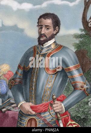 Hernando de Soto (c 1496/1497 Ð 1542). Spanische Entdecker und Eroberer. War der erste Europäische dokumentiert den Mississippi River überquert zu haben. Farbige Gravur. Stockfoto