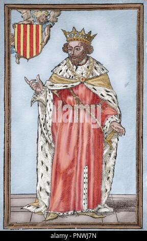 James I der Eroberer (1208-1276). Graf von Barcelona und König von Aragon (1213-1276), Valencia (1239-1276) und Mallorca (1229-1276). Porträt. Gravur der erste vollständige Ausgabe des 'Chronik' von Joan De Mey in Valencia gedruckt in 1557. Gefärbt. Stockfoto