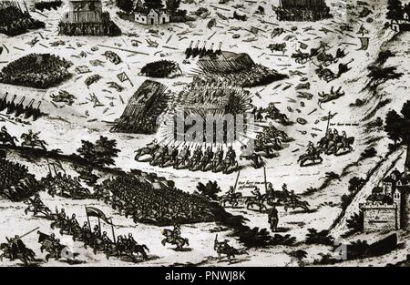 Schlacht von Moncontour, Naturgewalten 3 Oktober 1569 zwischen der katholischen König Charles IX von Frankreich und die Hugenotten während des Dritten Krieges (1568-1570) der französischen Kriege der Religion. Gravur. Stockfoto