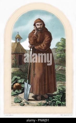 St. Fiacre. Irischer Einsiedler Mönch im 7. Jahrhundert geboren. Patron der Gärtner. Neunzehnten Jahrhunderts farbigen Gravur. Stockfoto