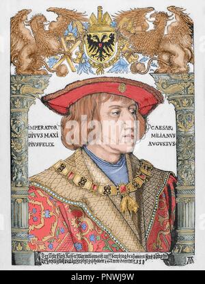 Maximilian I (1459-1519). König der Römer (auch als König der Deutschen bekannt) von 1486 und Kaiser des Heiligen Römischen Reiches von 1493 bis zu seinem Tod. Kupferstich von Albrecht Dürer. Gefärbt. Stockfoto