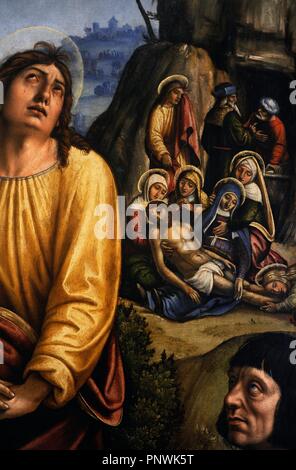 Pier Francesco Sacchi, genannt il Pavese (1485-1528). Maler der italienischen Renaissance. Christus am Kreuz, die drei Marien auf Trauer durch Johannes und den Spender oder Patron, 1514. Detail. Gemaldegalerie. Berlin. Deutschland. Stockfoto