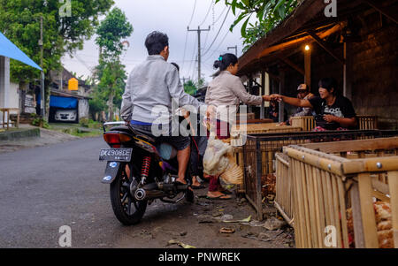 Mann auf dem Motorrad Kauf ein Huhn auf einem Markt in der Nähe von Ubud, Bali, Indonesien Abschaltdruck Stockfoto