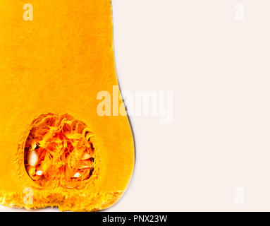 Herbst Hintergrund mit Kürbis, halbiert butternut Kürbis Orange roh Kürbis in Abschnitt mit Samen Stockfoto
