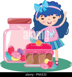 Happy girl mit süßen Süßigkeiten und Kuchen Stock Vektor