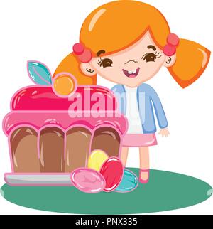 Mädchen mit süßer Kuchen Nachtisch und Süßigkeiten Stock Vektor