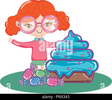 Mädchen mit Brille mit süßen Muffin und Süßigkeiten Stock Vektor