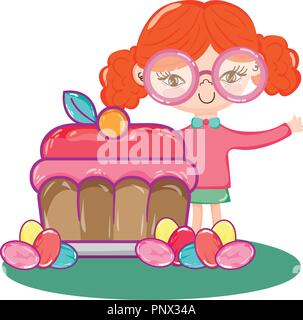 Mädchen mit leckeren süßen Kuchen und Süßigkeiten Stock Vektor