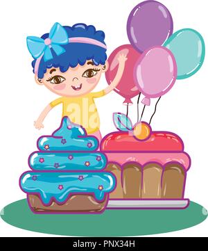 Mädchen mit süßen Kuchen und Muffins mit Ballons Stock Vektor
