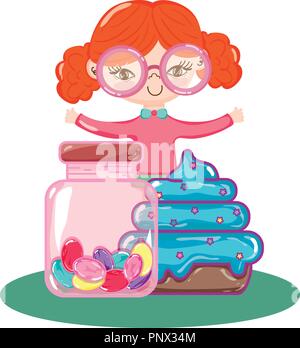 Mädchen mit Brille mit Muffin und Süßigkeiten im Inneren der Flasche Stock Vektor
