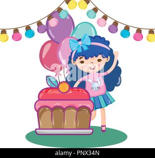 Mädchen Party mit Lampen Dekoration und Kuchen mit Ballons Stock Vektor