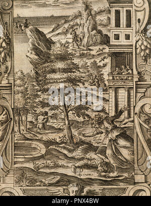 Ovid (Publius Ovidius Naso) (43 v. Chr. - 17 n. Chr.). Lateinische Dichter. 2-20:00 Metamorphosen. Buch IV. Gravur mit dem Tod von Pyramus und Thisbe. Italienische Ausgabe. Venedig, 1584. Stockfoto