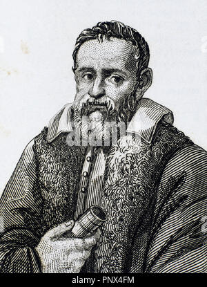 Galileo Galilei (1564-1642). Italienischer Mathematiker, Physiker und Astronom. Gravur. Stockfoto