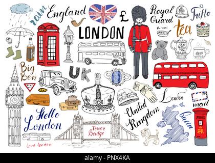 London City doodles Elemente Sammlung. Hand gezeichnet mit, die Tower Bridge, Krone, Big Ben, Royal Guard, roter Bus und Kabine, Großbritannien Karte und Flagge, Teekanne, le Stock Vektor