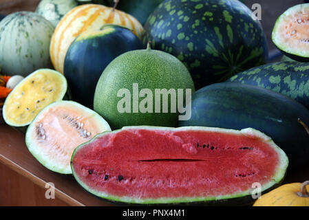 Verschiedene Arten von Wassermelonen (Mond, gelb, orange und rot) Stockfoto