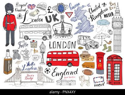 London City doodles Elemente Sammlung. Hand gezeichnet mit, die Tower Bridge, Krone, Big Ben, Royal Guard, roter Bus und Kabine, Großbritannien Karte und Flagge, Teekanne, le Stock Vektor