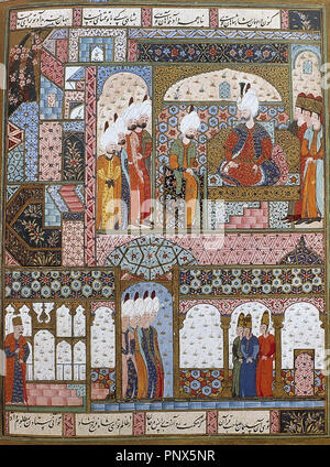 Suleiman dem Prächtigen (1494-1566). Osmanische Sultan. Suleiman die Rechtsetzung in der Topkapi Palast. Miniatur von Suleymanname, 16. Topkapi Palast Museum. Istanbul, Türkei. Stockfoto