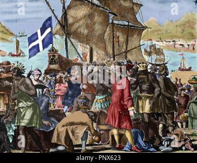 Französische Allegorie über die Gründung der East India Company (1717). Händler und Missionare mit Indianern an der Mündung des Mississippi River. Farbige Gravur. Stockfoto