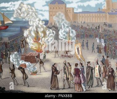 Inquisition. Gefangenen nach Auto de Fe zur Verurteilung. Farbige Gravur. des 19. Jahrhunderts. Spanien. Stockfoto