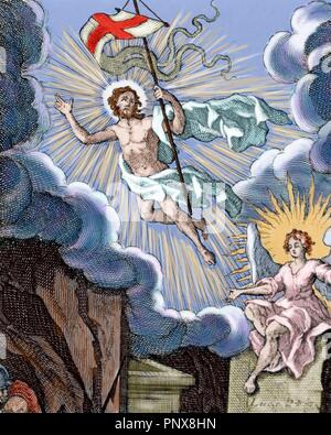 Lukas 24. Auferstehung Jesu. Farbige Gravur. Stockfoto