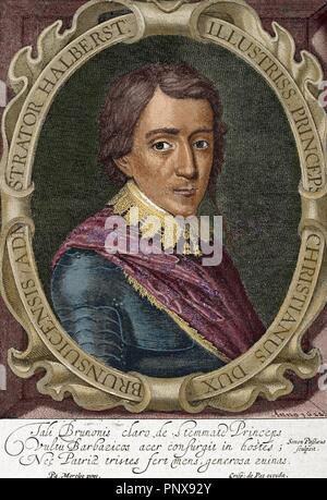 Christian die Jüngere von Braunschweig, Herzog von Braunschweig-Lüneburg (1599-1626). Deutsche Bischof von Halberstadt und der militärischen Führer. Farbige Gravur. Stockfoto