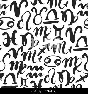 Sternzeichen nahtlose Muster. Hand gezeichnet Horoskop Astrologie Symbole, Grunge strukturierte Design, Typographie drucken, Vector Illustration. Stock Vektor