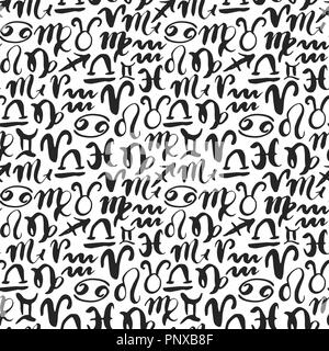 Sternzeichen nahtlose Muster. Hand gezeichnet Horoskop Astrologie Symbole, Grunge strukturierte Design, Typographie drucken, Vector Illustration. Stock Vektor