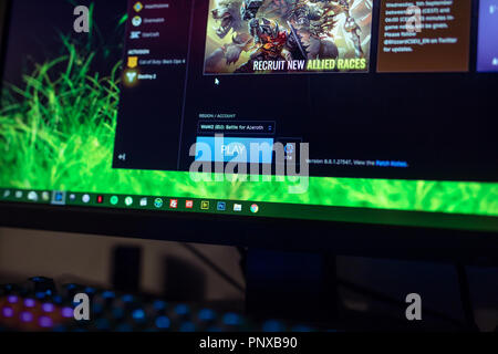 WROCLAW, Polen - September 04th, 2018 in der Nähe von World of Warcraft spielen Taste auf Battle.net Anwendung. Blizzard Battle.net ist ein Internet-basierter Stockfoto