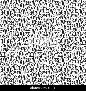 Sternzeichen nahtlose Muster. Hand gezeichnet Horoskop Astrologie Symbole, Grunge strukturierte Design, Typographie drucken, Vector Illustration. Stock Vektor