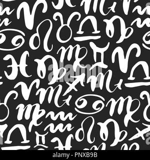 Sternzeichen nahtlose Muster. Hand gezeichnet Horoskop Astrologie Symbole, Grunge strukturierte Design, Typographie drucken, Vector Illustration. Stock Vektor