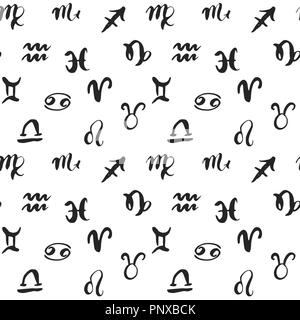 Sternzeichen nahtlose Muster. Hand gezeichnet Horoskop Astrologie Symbole, Grunge strukturierte Design, Typographie drucken, Vector Illustration. Stock Vektor