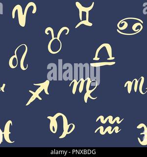 Sternzeichen nahtlose Muster. Hand gezeichnet Horoskop Astrologie Symbole, Grunge strukturierte Design, Typographie drucken, Vector Illustration. Stock Vektor