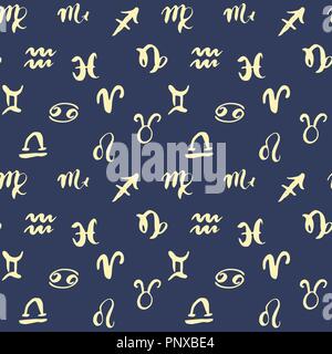 Sternzeichen nahtlose Muster. Hand gezeichnet Horoskop Astrologie Symbole, Grunge strukturierte Design, Typographie drucken, Vector Illustration. Stock Vektor