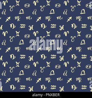 Sternzeichen nahtlose Muster. Hand gezeichnet Horoskop Astrologie Symbole, Grunge strukturierte Design, Typographie drucken, Vector Illustration. Stock Vektor