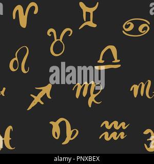 Sternzeichen nahtlose Muster. Hand gezeichnet Horoskop Astrologie Symbole, Grunge strukturierte Design, Typographie drucken, Vector Illustration. Stock Vektor