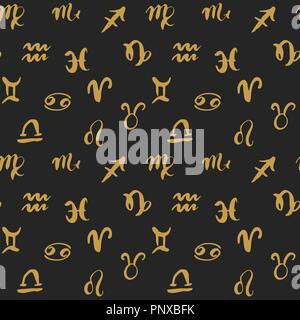 Sternzeichen nahtlose Muster. Hand gezeichnet Horoskop Astrologie Symbole, Grunge strukturierte Design, Typographie drucken, Vector Illustration. Stock Vektor
